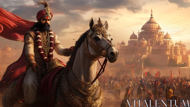 Mounted ruler in ornate armor approaches domed palace complex