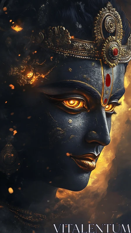 Fiery golden gaze of a celestial goddess in shadowed smoke.