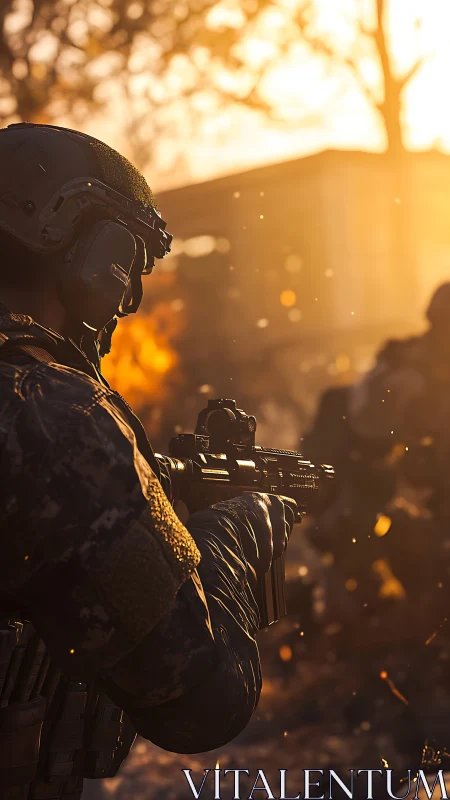 Golden-hour soldier moves forward through glowing embers