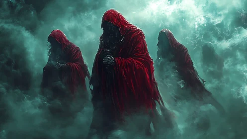 Hooded spectral figures traverse dense teal fog in dramatic chiaroscuro