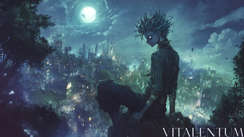 Spiky haired figure overlooking glowing city at night.
