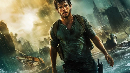 Male survivor strides through flooded post apocalyptic cityscape in rain