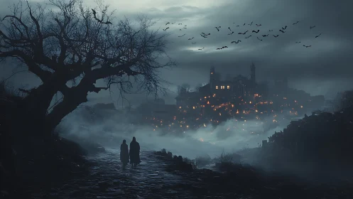 Dark gothic landscape with cloaked figures and burning town.
