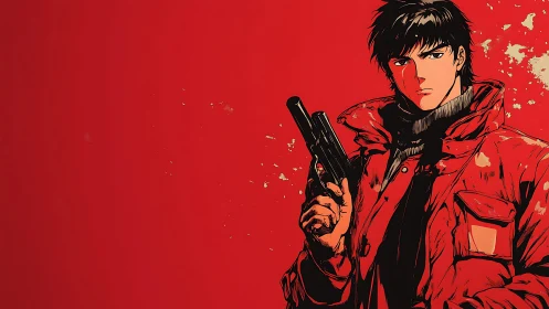Brooding anime hero in red coat against bold crimson wall.