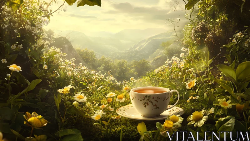 Tea cup rests in dense wildflower meadow overlooking valley
