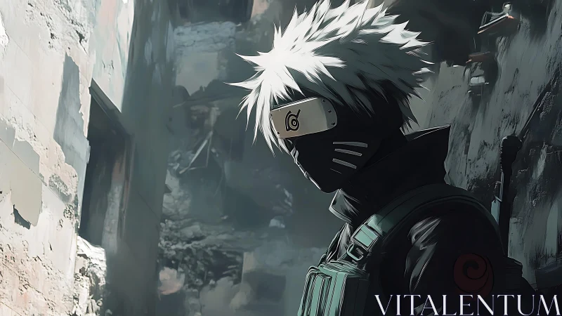 Silent ninja sentinel in a ruined alleyway at dusk.