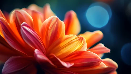 Red and Orange Flower Petals in Macro Close-Up. Bokeh Blue Background.