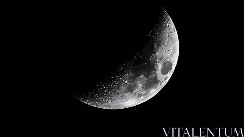 High contrast telescopic lunar crescent with detailed crater topography