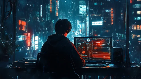 Person works at computer facing rainy neon-lit cityscape
