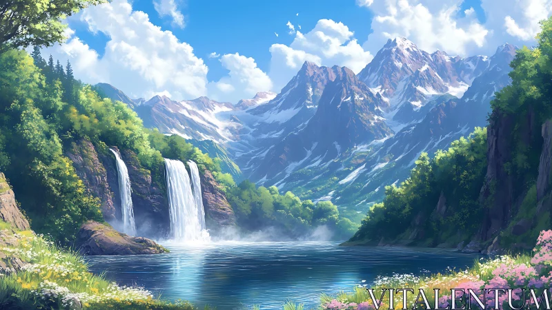 Mountain lake with twin waterfalls and bright summer sky.