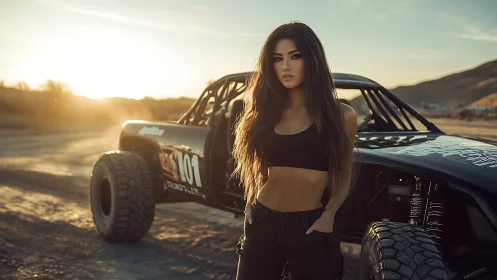 Sunlit desert racer scene frames confident woman model