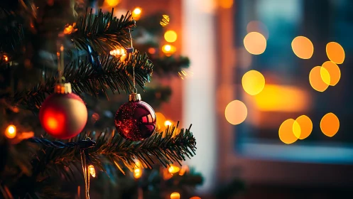 Christmas tree ornaments glow beside warm window lights