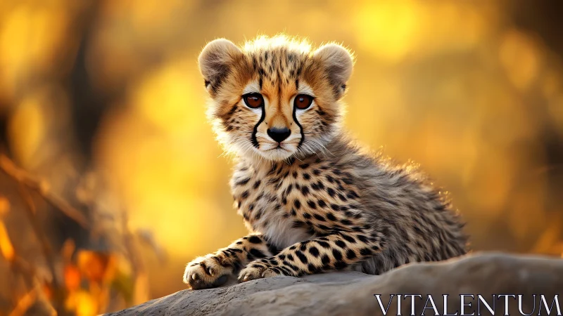 Sunlit cheetah cub daydreaming on a golden savanna ledge.