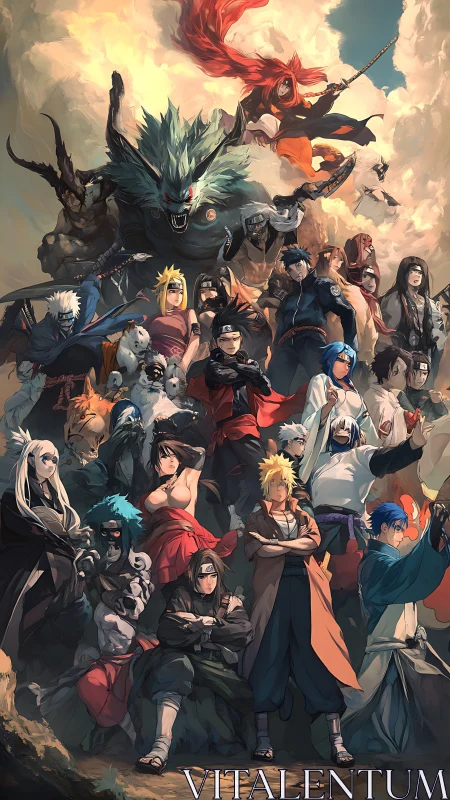 Legendary ninja heroes poised beneath stormlit skies.