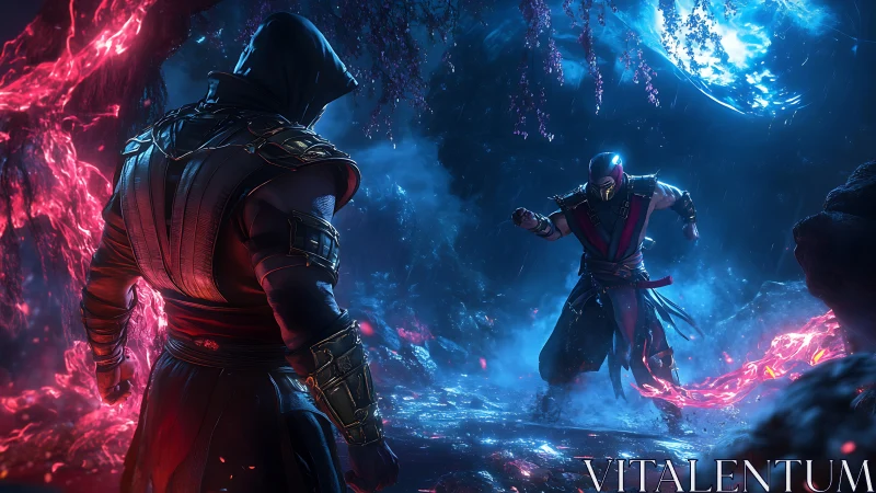 Armored ninjas clash under glowing moonlit storm in ruins.