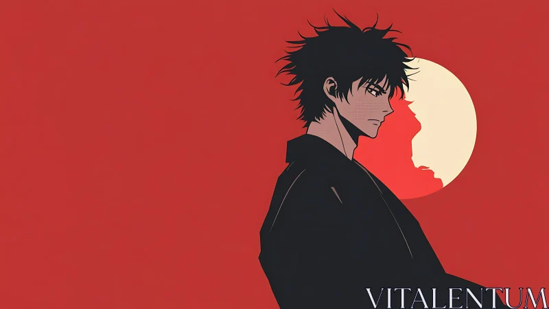 Anime man in profile stands before stylized red sun