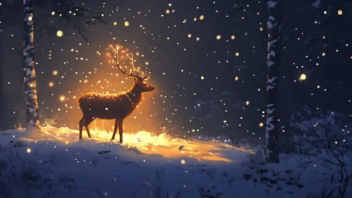 Glowing deer stands in snowy forest under falling lights.