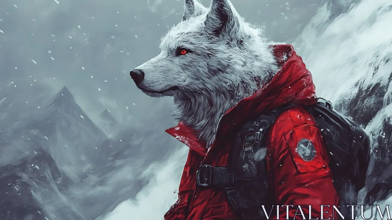 Crimson parka wolf scout in harsh alpine blizzard panorama.