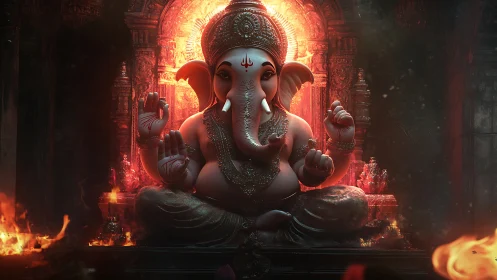 Divine Ganesha idol glows before fiery temple sanctum