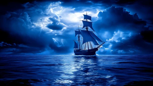 Luminous brigantine under spectral lunar storm illumination.