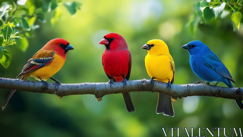 Four Colorful Songbirds on Branch in Vibrant Nature Photography.