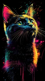 Neon colorized cat portrait on black abstract background.