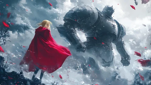 Red cloaked figure confronts large armored giant in mist