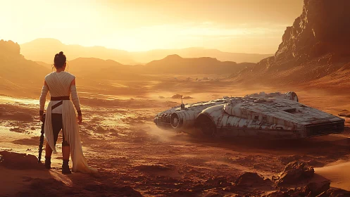 Woman with staff stands by grounded ship in desert canyon