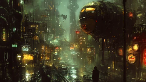 Neon-drenched rain alley with orbital tram in cyberpunk dusk.