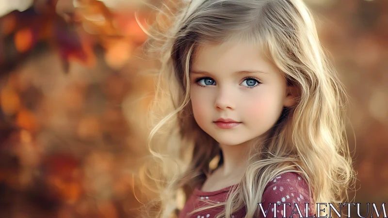 Young girl with blonde wavy hair in autumn setting.