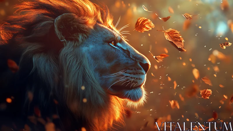 Majestic lion enjoys a quiet moment in glowing autumn light