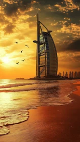 Iconic sail tower dominates golden urban shoreline at sunset.