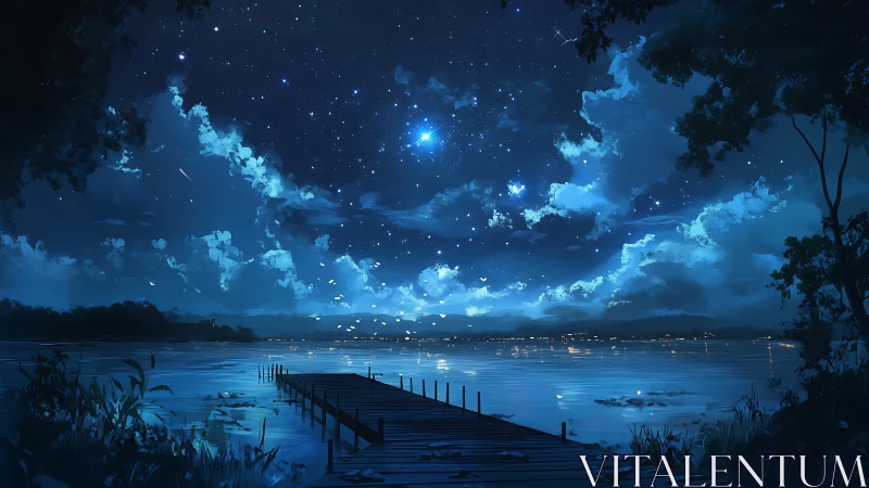 Moonlit lake pier under dense stars and drifting clouds