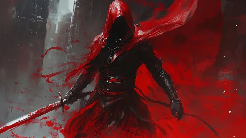 Scarlet wraith strides through bloodlit storm of steel.