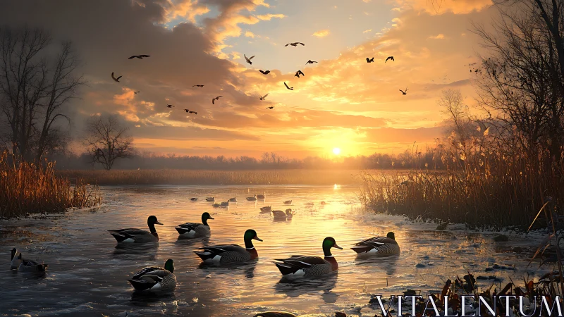 Winter marsh sunset chorus with drifting mallard flotilla.