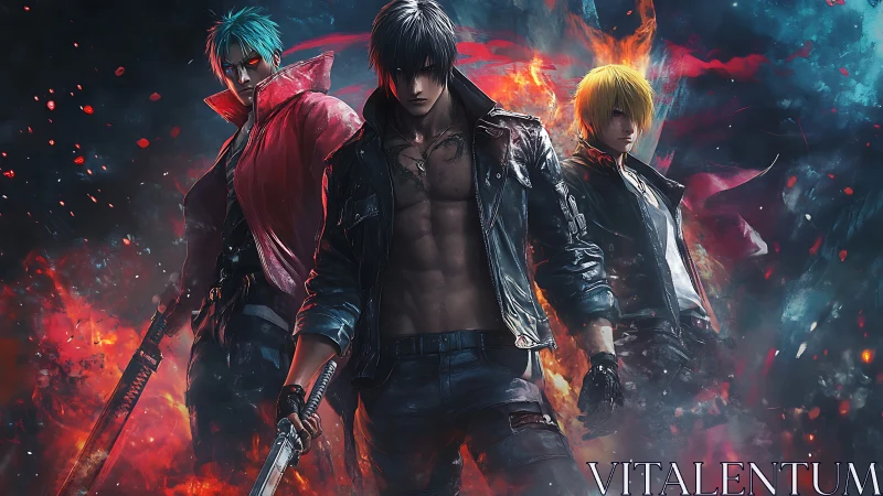 Stormlit rebel trio stride through embers and neon fury.