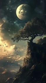 Luminous moonrise over cliffside tree in atmospheric fantasy painting.