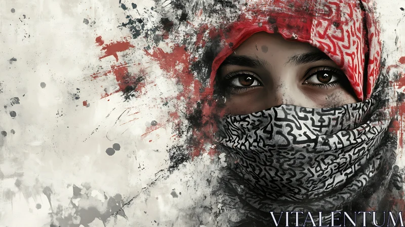 Inkstormed gaze behind patterned veil of red quiet fire.