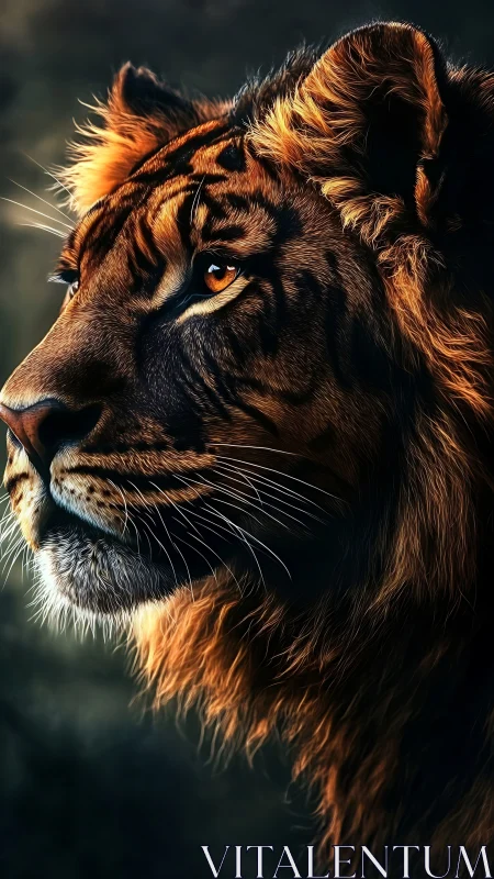 Lioness Profile: Golden Mane Illuminated Against Dark Background.