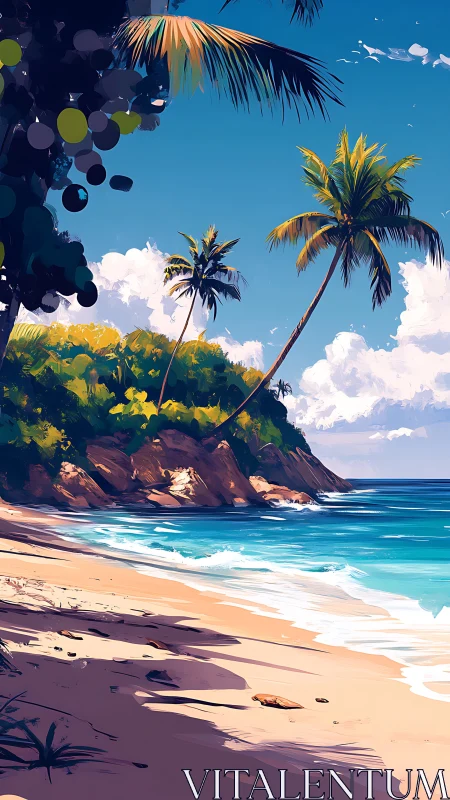Tropical Island Coastline with Palm Trees and Turquoise Ocean Waters