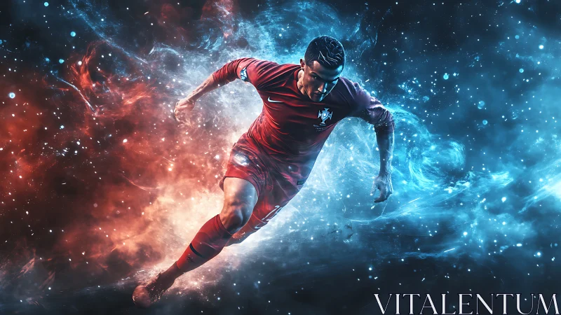 Dynamic soccer player charging through red and blue energy.