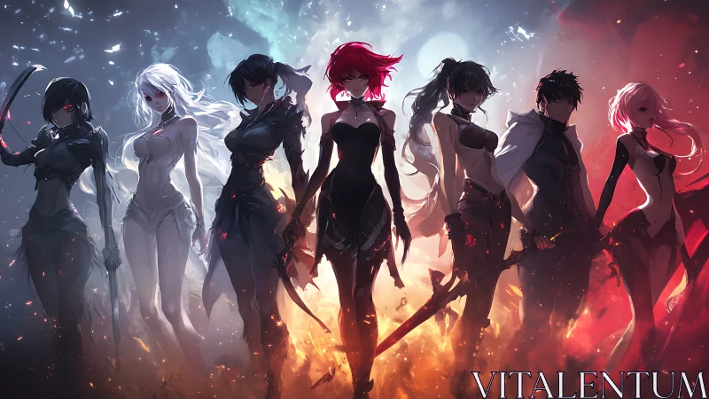 Elemental anime warriors stand amid fire and frost.