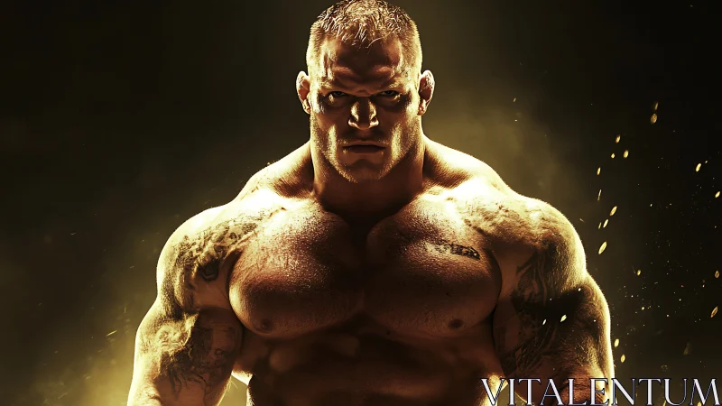 Bodybuilder stands under molten gold cinematic backlight.