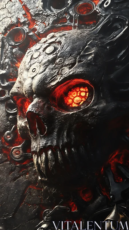 Molten biomech skull with glowing lava core and charred steel.