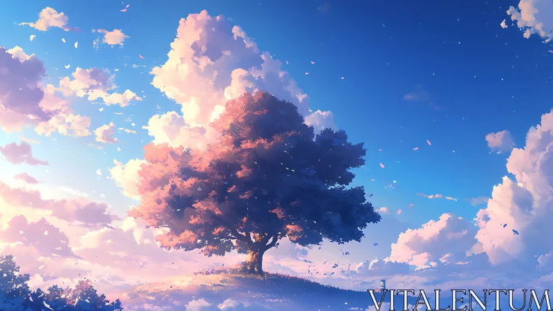 Solitary blossom tree glows gently beneath a dreamy sky