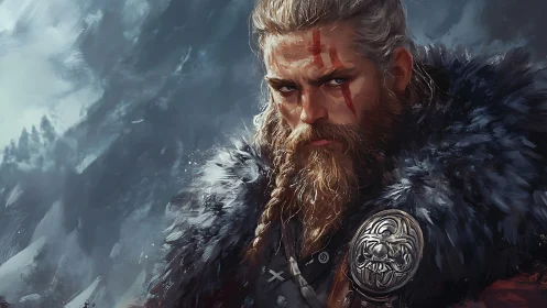 Fur-clad Viking warleader in storm-swept digital portrait.