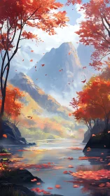 Autumn mountain river valley framed by vivid red foliage.