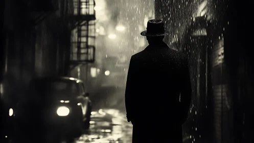 Lone detective walks a rain soaked alley under neon haze