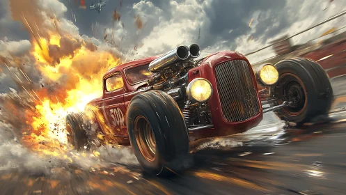 Modified hot rod accelerates past explosion on wet roadway