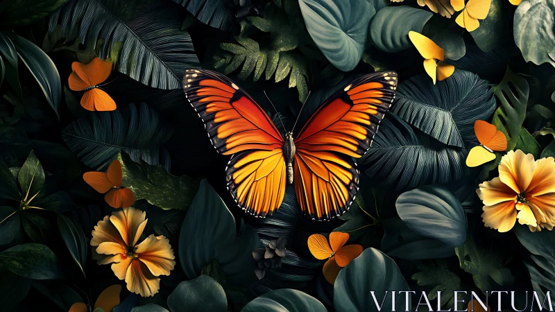 Orange butterfly on dark green leaves with yellow flowers.